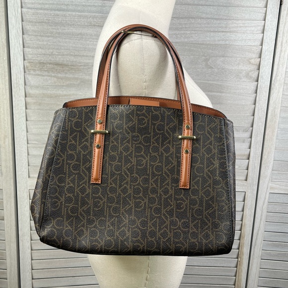 CALVIN KLEIN Double Handle Satchel Bag Brown/Tan-Medium - Picture 3 of 8